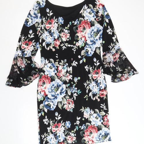 White House Black Market Womens Black Floral Polyester A-Line Size M Round Neck Pullover