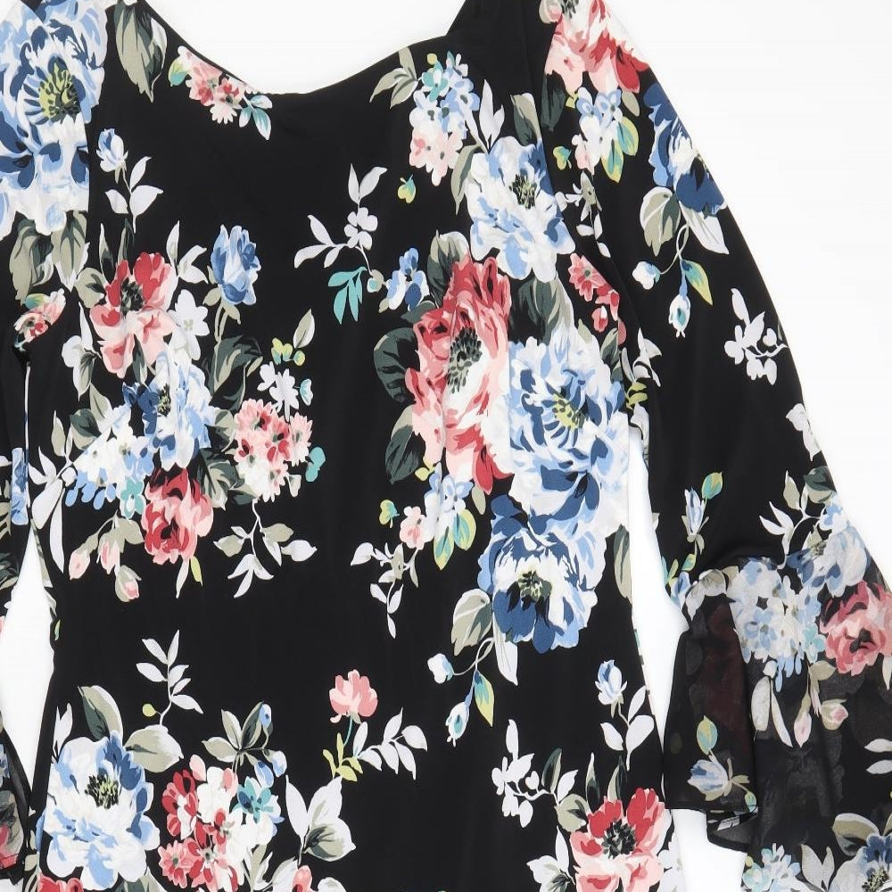 White House Black Market Womens Black Floral Polyester A-Line Size M Round Neck Pullover