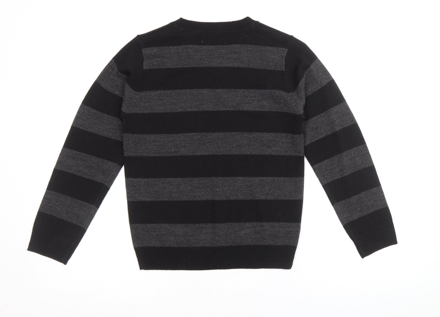 Marks and Spencer Boys Black V-Neck Striped Acrylic Pullover Jumper Size 9-10 Years Pullover