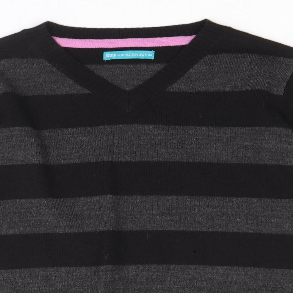 Marks and Spencer Boys Black V-Neck Striped Acrylic Pullover Jumper Size 9-10 Years Pullover