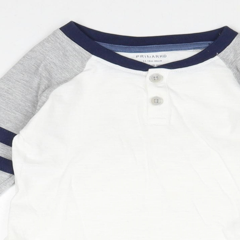Primark Boys White Striped Cotton Basic T-Shirt Size 12-18 Months Round Neck Button
