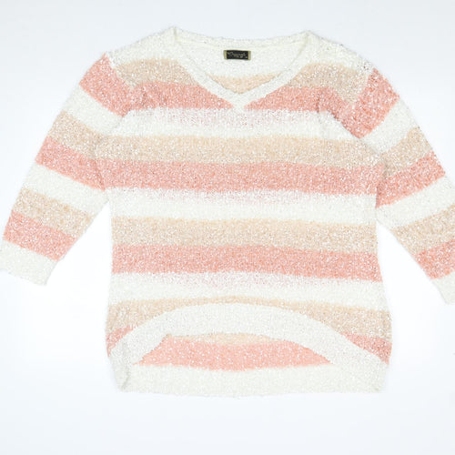 Originals Knitwear Womens Pink V-Neck Striped Polyester Pullover Jumper Size XL