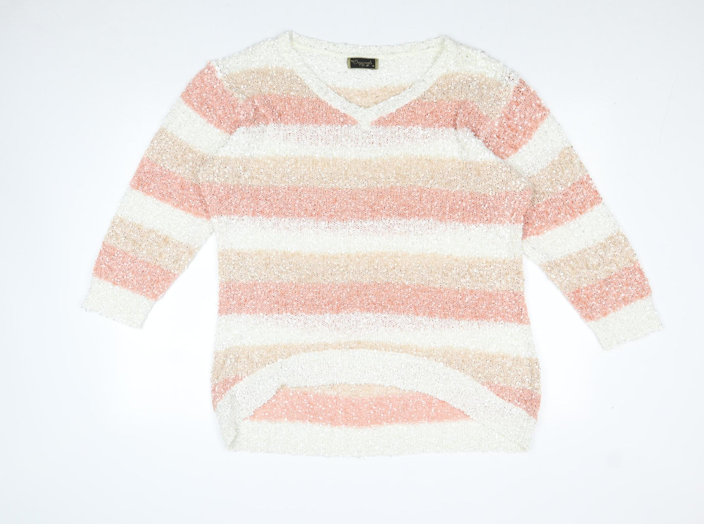 Originals Knitwear Womens Pink V-Neck Striped Polyester Pullover Jumper Size XL