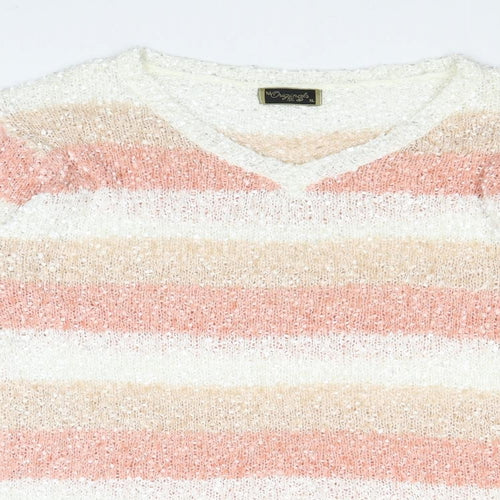 Originals Knitwear Womens Pink V-Neck Striped Polyester Pullover Jumper Size XL