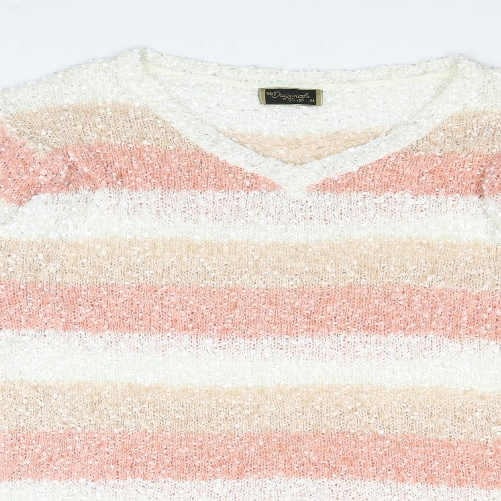 Originals Knitwear Womens Pink V-Neck Striped Polyester Pullover Jumper Size XL