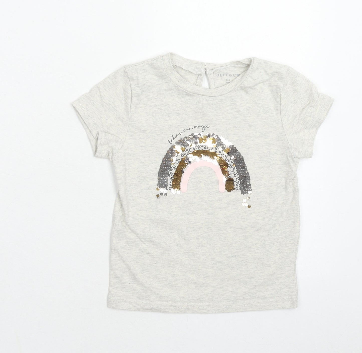 Jeff & Co Girls Grey Cotton Basic T-Shirt Size 6-7 Years Round Neck Button - Rainbow