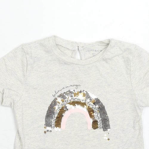 Jeff & Co Girls Grey Cotton Basic T-Shirt Size 6-7 Years Round Neck Button - Rainbow