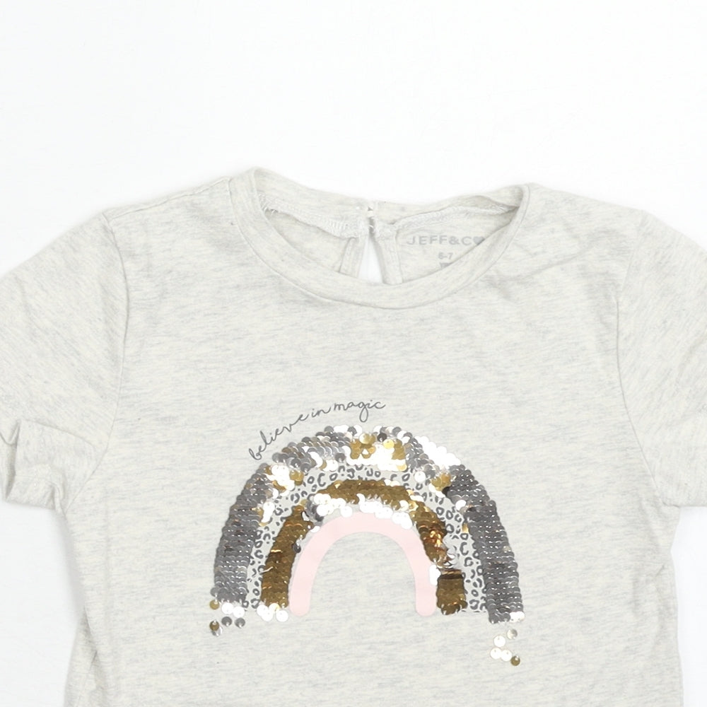 Jeff & Co Girls Grey Cotton Basic T-Shirt Size 6-7 Years Round Neck Button - Rainbow