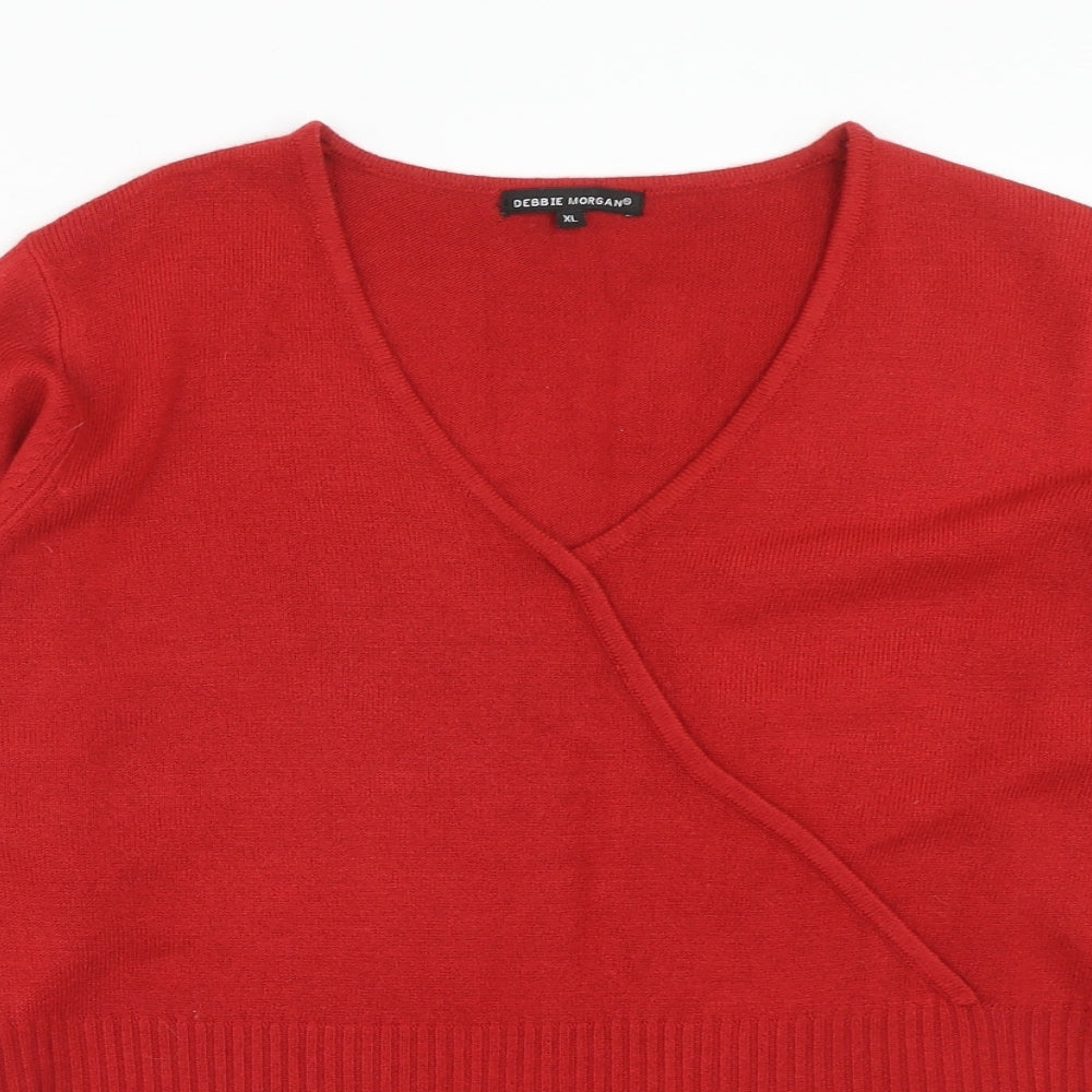 Debbie Morgan Womens Red V-Neck Acrylic Pullover Jumper Size XL