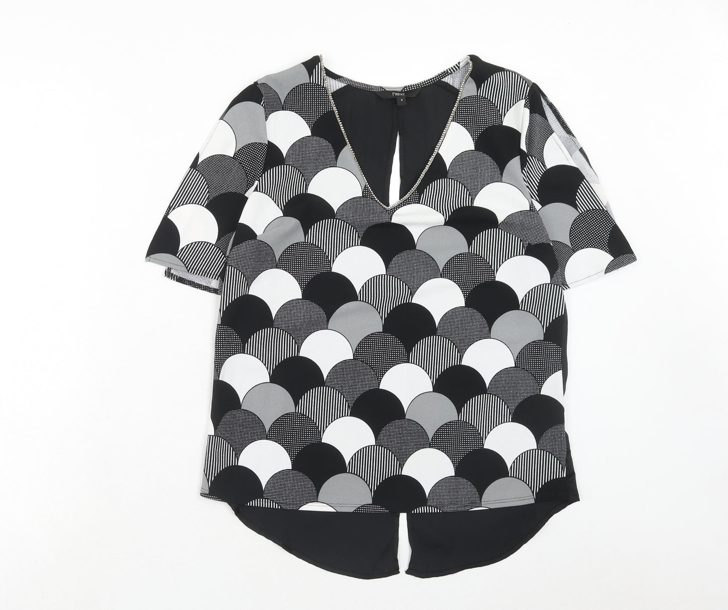 NEXT Womens Black Geometric Polyester Basic Blouse Size 8 V-Neck