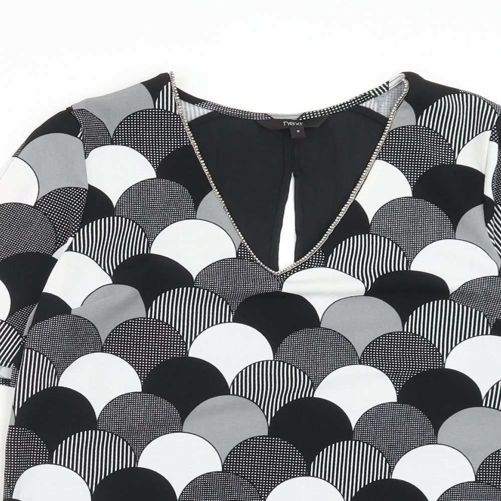 NEXT Womens Black Geometric Polyester Basic Blouse Size 8 V-Neck