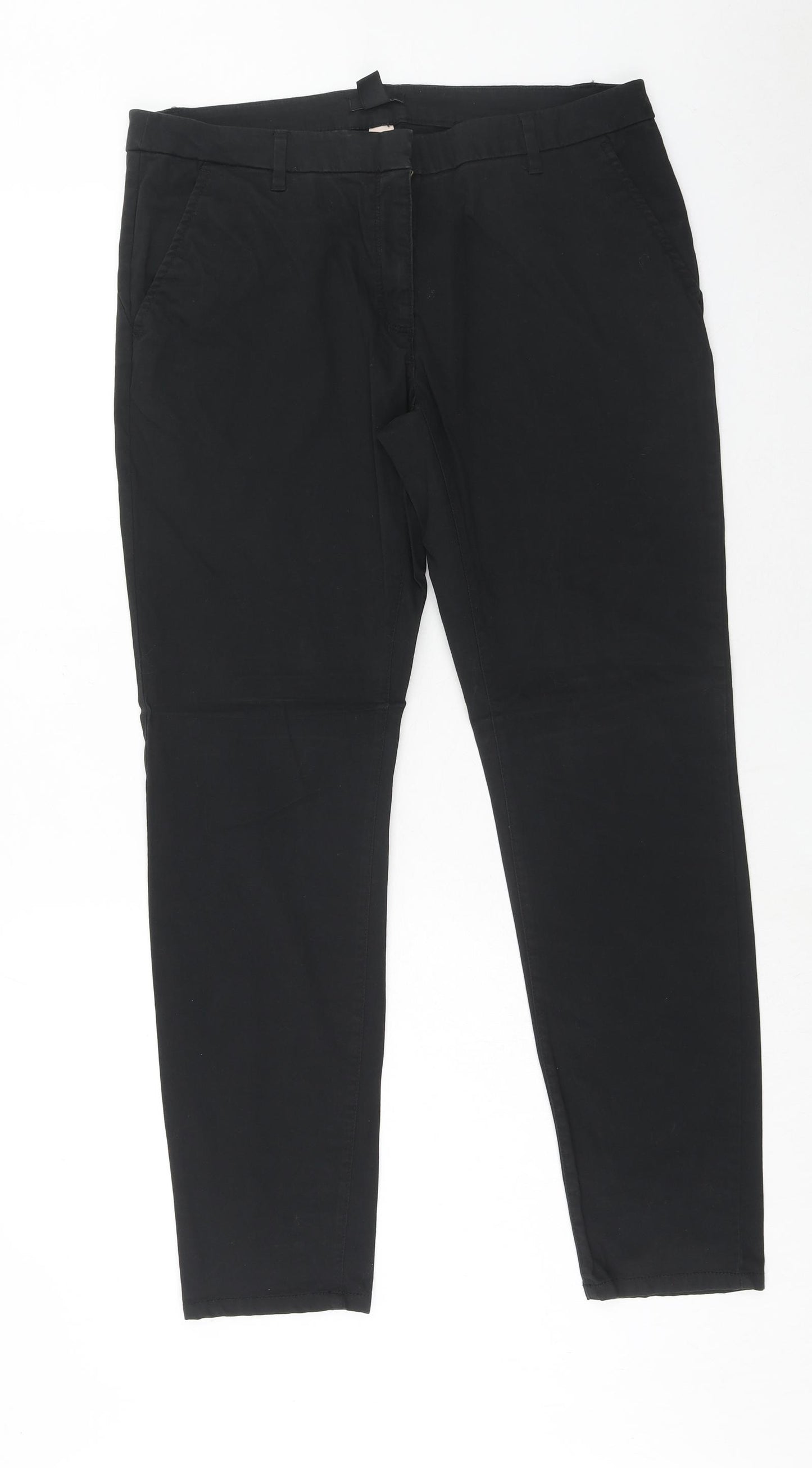 H&M Womens Black Cotton Chino Trousers Size 14 Regular Hook & Eye