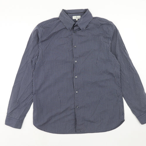 Jasper Conran Mens Blue Striped Cotton Button-Up Size L Collared Button