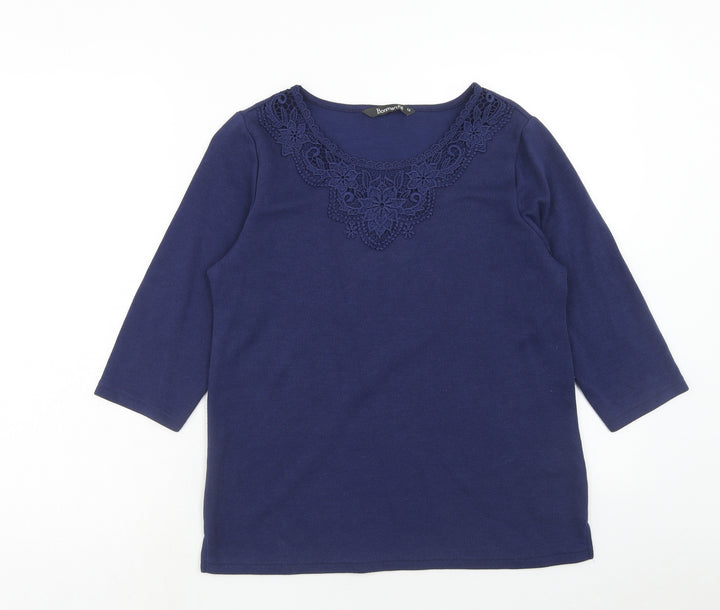 Bonmarché Womens Blue Boat Neck Polyester Pullover Jumper Size 12 - Crocheted Lace Detail