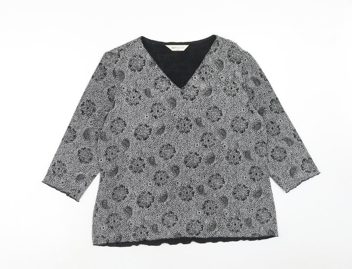 Bonmarché Womens Black Geometric Nylon Basic Blouse Size M V-Neck