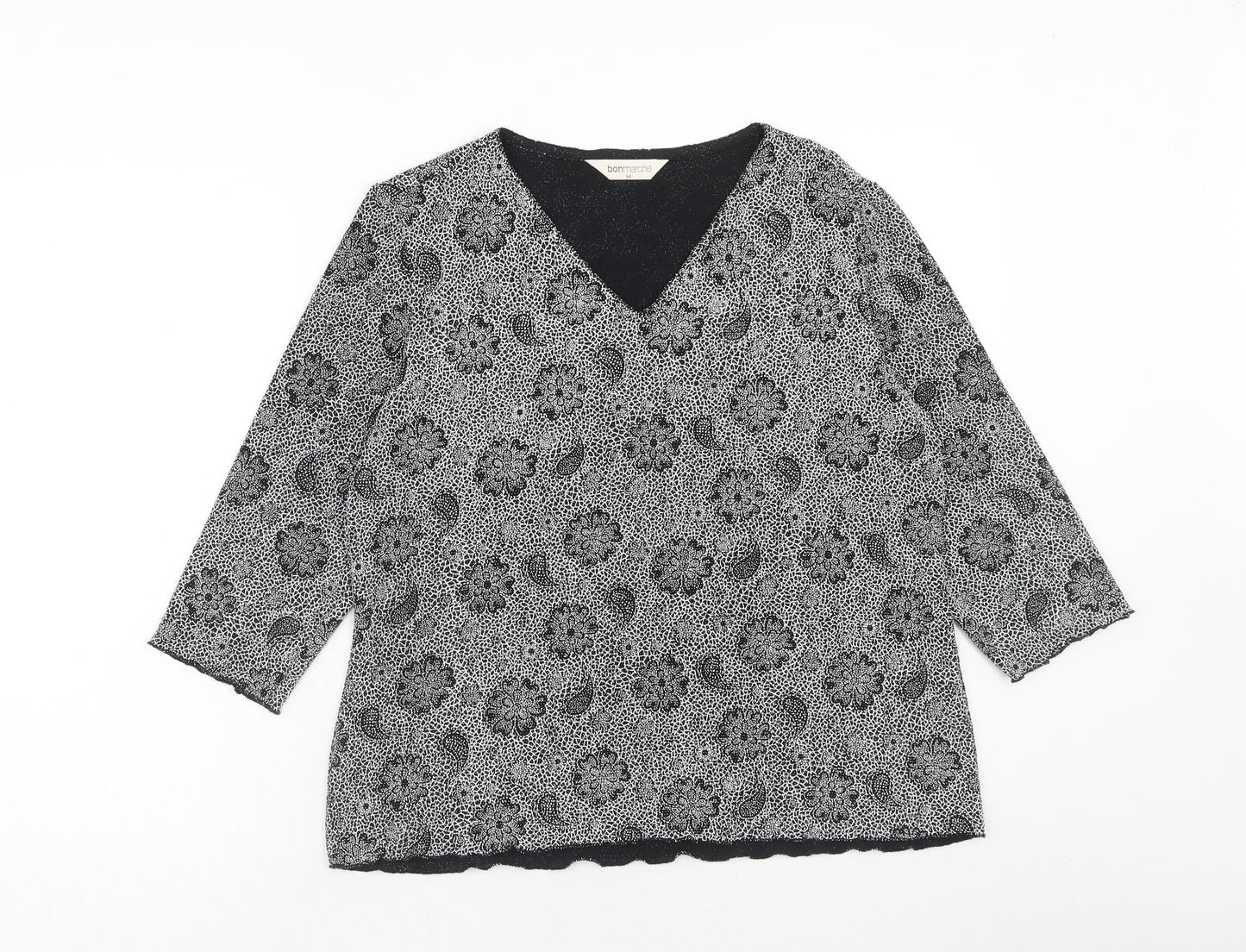 Bonmarché Womens Black Geometric Nylon Basic Blouse Size M V-Neck