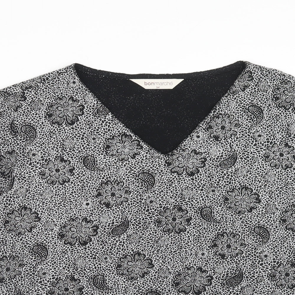 Bonmarché Womens Black Geometric Nylon Basic Blouse Size M V-Neck