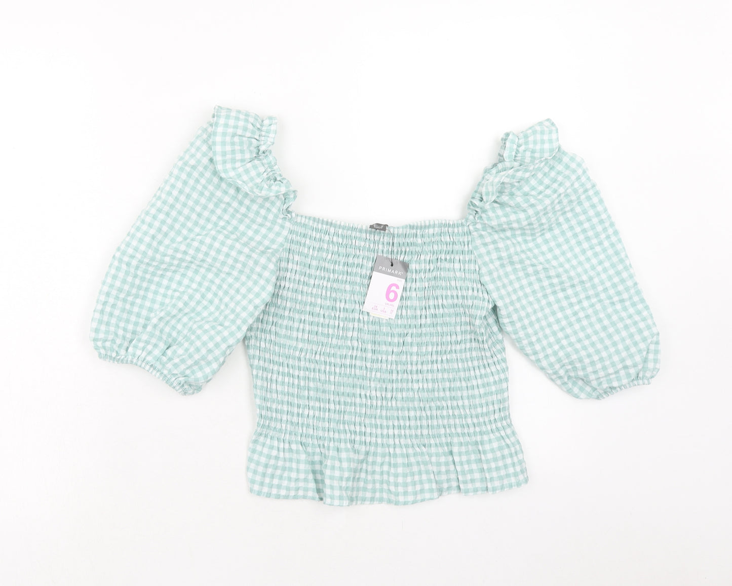 Primark Womens Green Check Cotton Cropped Blouse Size 6 Off the Shoulder - Shirred