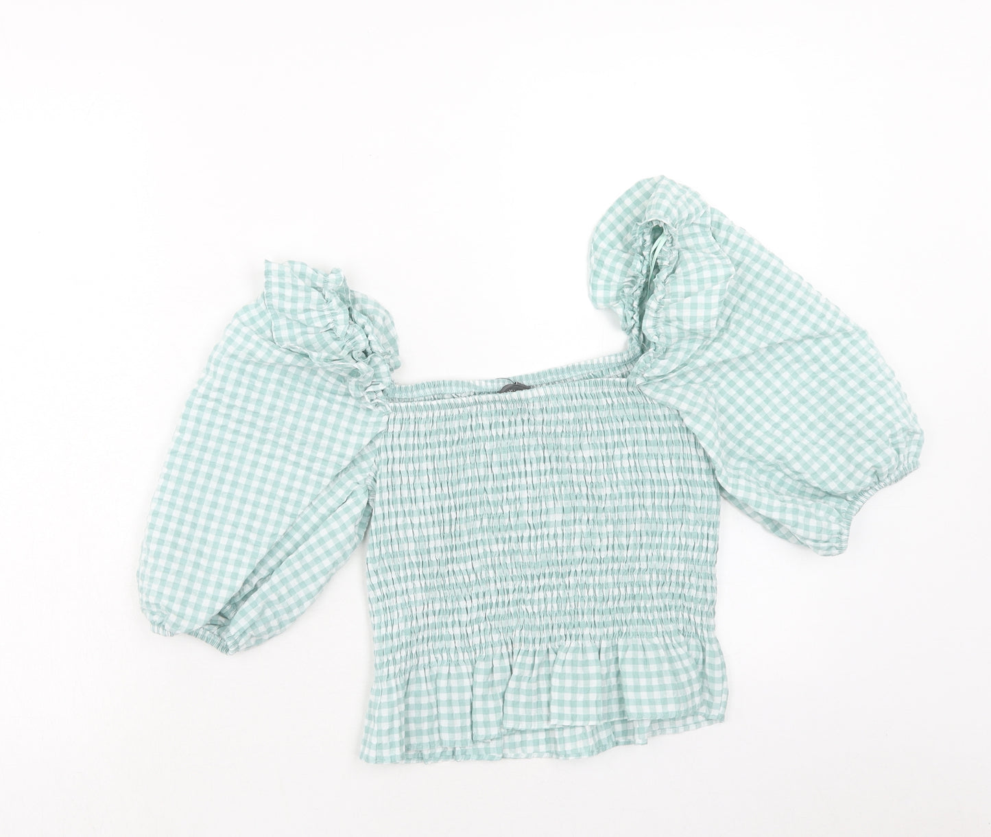 Primark Womens Green Check Cotton Cropped Blouse Size 6 Off the Shoulder - Shirred