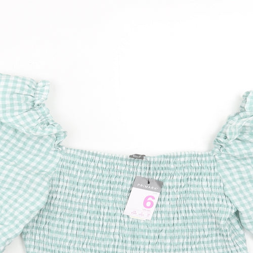 Primark Womens Green Check Cotton Cropped Blouse Size 6 Off the Shoulder - Shirred
