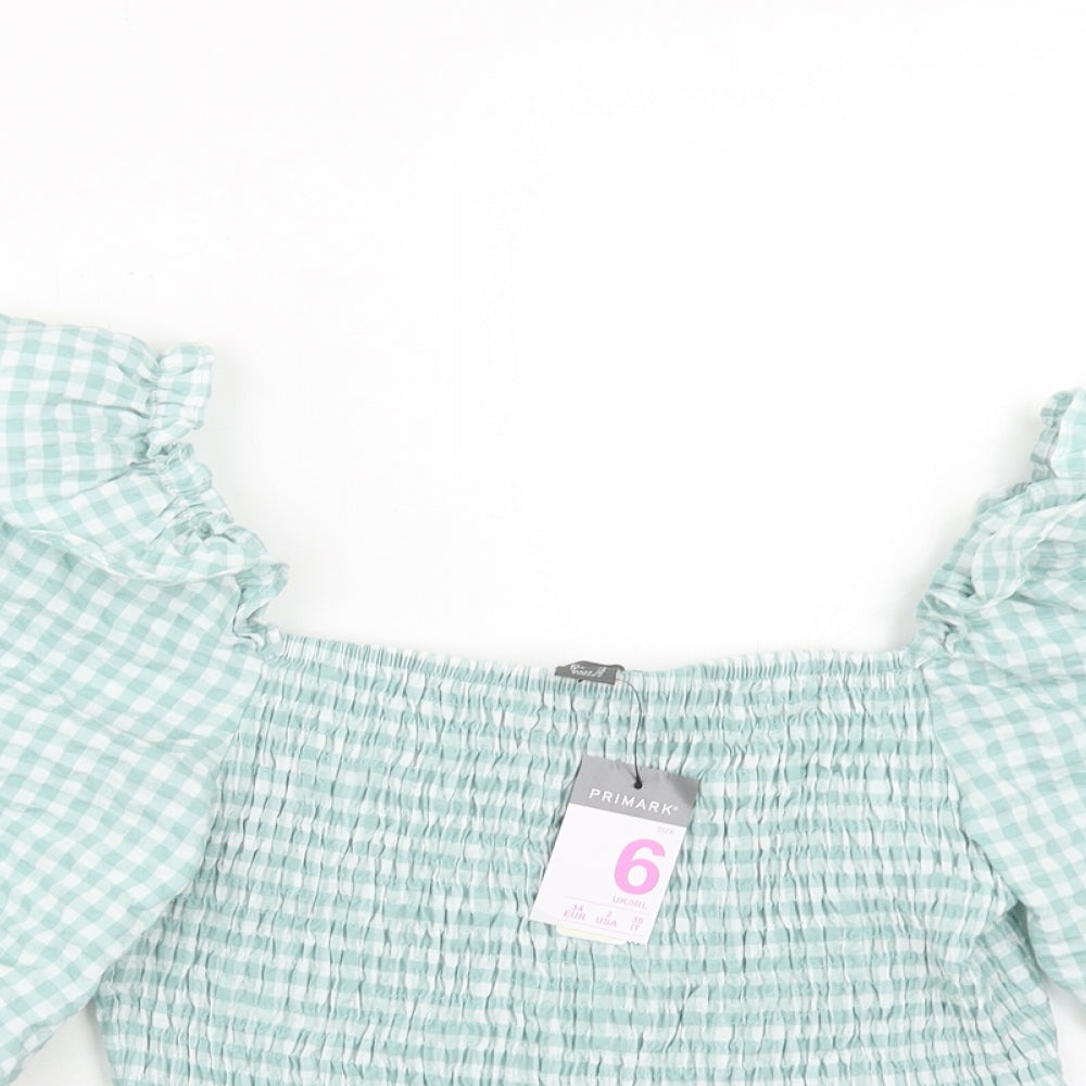 Primark Womens Green Check Cotton Cropped Blouse Size 6 Off the Shoulder - Shirred