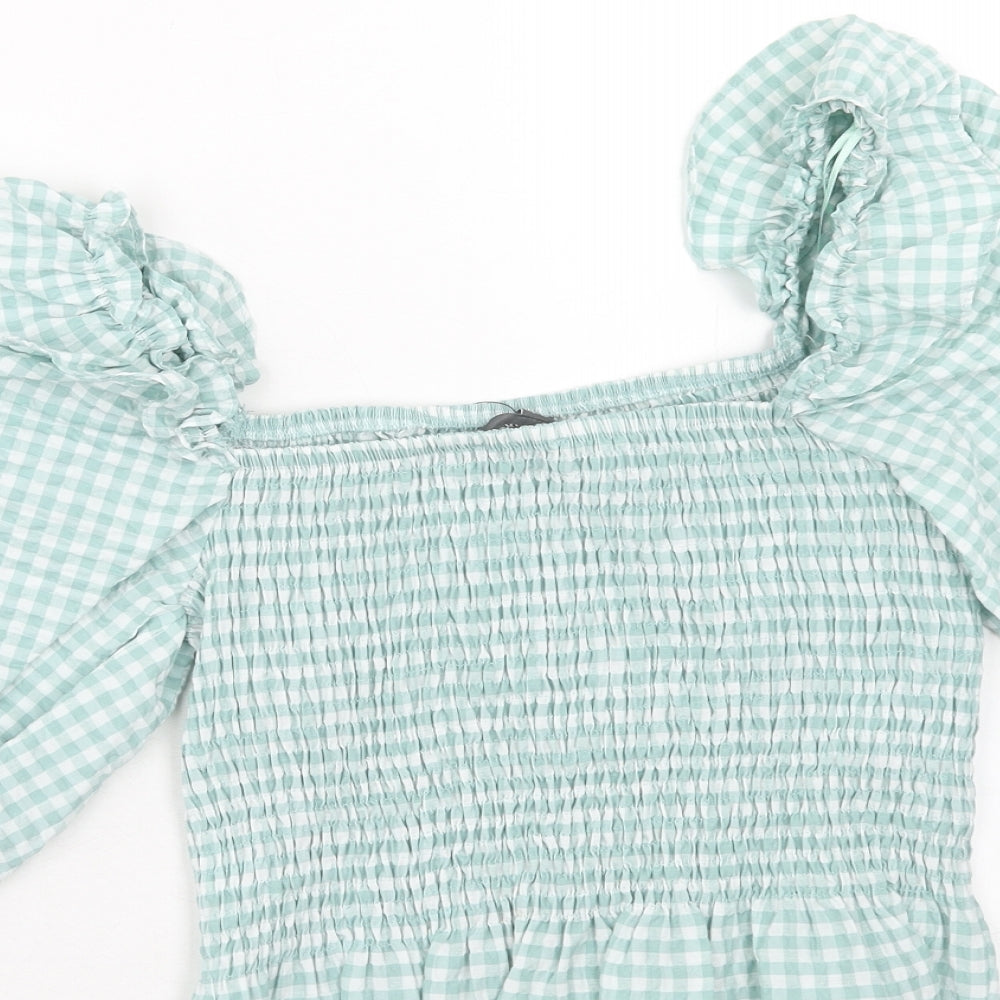 Primark Womens Green Check Cotton Cropped Blouse Size 6 Off the Shoulder - Shirred