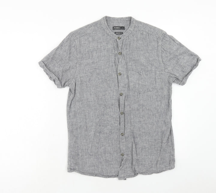 Peacocks Mens Grey Cotton Button-Up Size S Round Neck Button