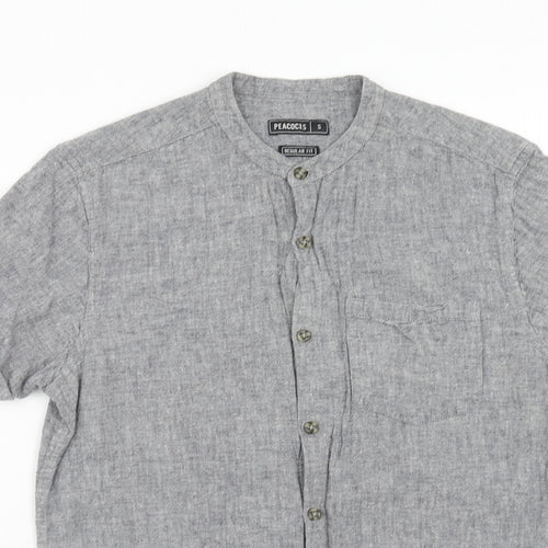 Peacocks Mens Grey Cotton Button-Up Size S Round Neck Button