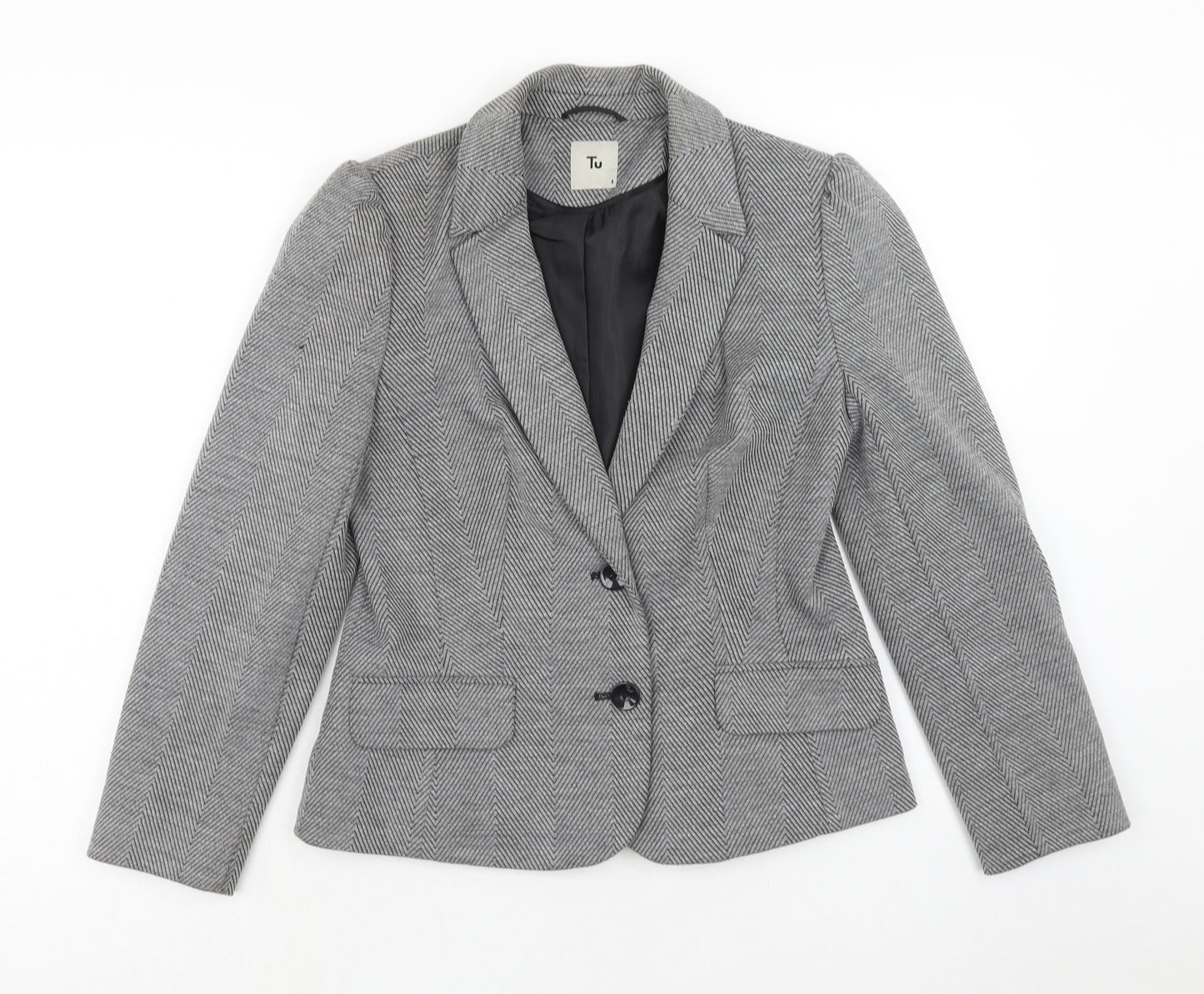 TU Womens Grey Herringbone Polyester Jacket Blazer Size 8