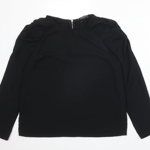 Primark Womens Black Polyester Basic Blouse Size 12 Scoop Neck - Ruched Sleeve