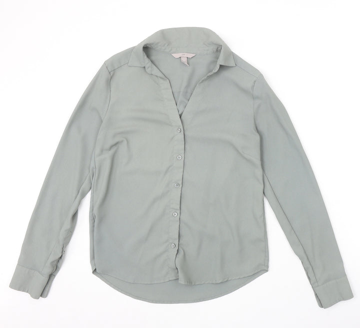 H&M Womens Green Polyester Basic Button-Up Size 6 Collared