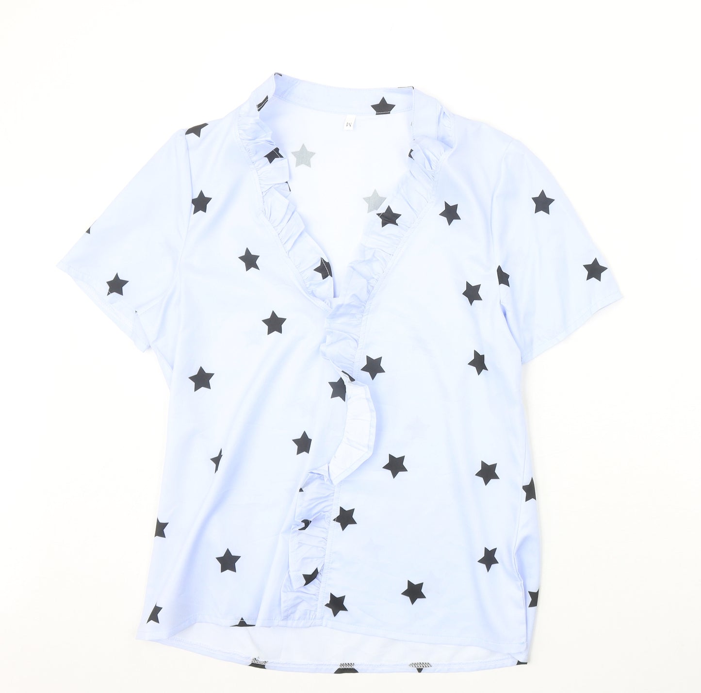 Preworn Womens Blue Geometric Polyester Basic Blouse Size M V-Neck - Stars