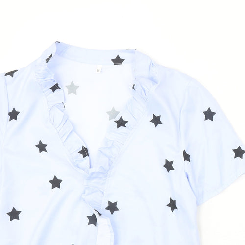 Preworn Womens Blue Geometric Polyester Basic Blouse Size M V-Neck - Stars