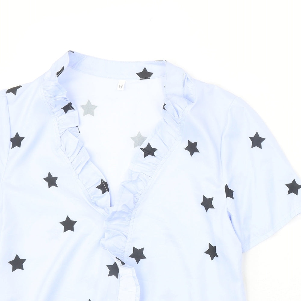Preworn Womens Blue Geometric Polyester Basic Blouse Size M V-Neck - Stars