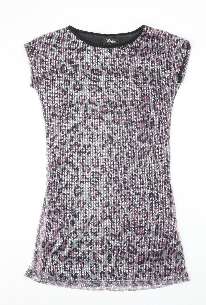 Heaven Womens Silver Animal Print Polyester T-Shirt Dress Size 8 Round Neck Pullover - Leopard Pattern
