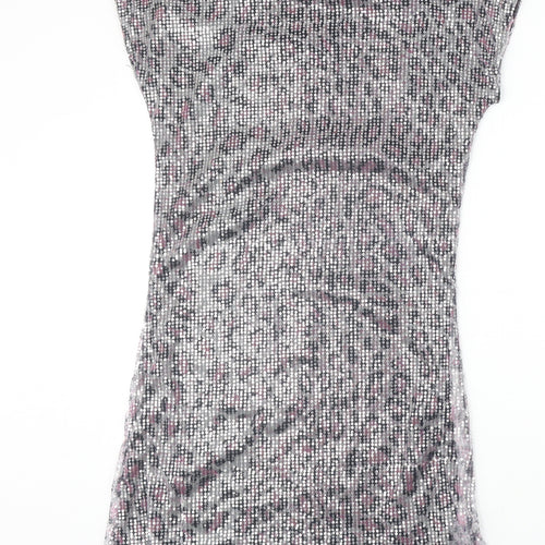 Heaven Womens Silver Animal Print Polyester T-Shirt Dress Size 8 Round Neck Pullover - Leopard Pattern
