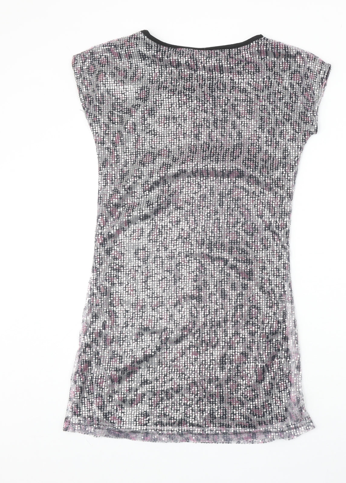 Heaven Womens Silver Animal Print Polyester T-Shirt Dress Size 8 Round Neck Pullover - Leopard Pattern