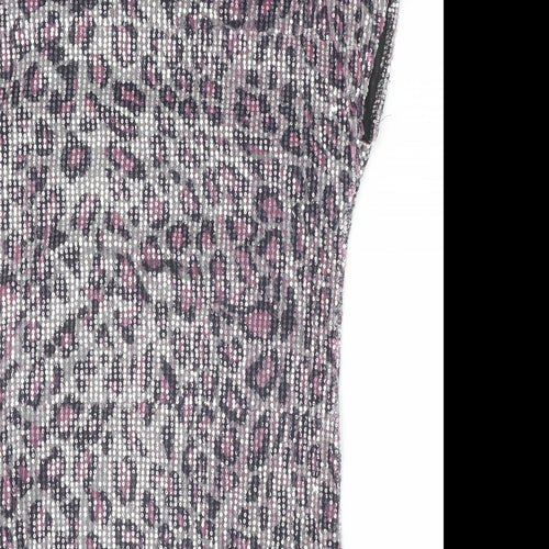 Heaven Womens Silver Animal Print Polyester T-Shirt Dress Size 8 Round Neck Pullover - Leopard Pattern