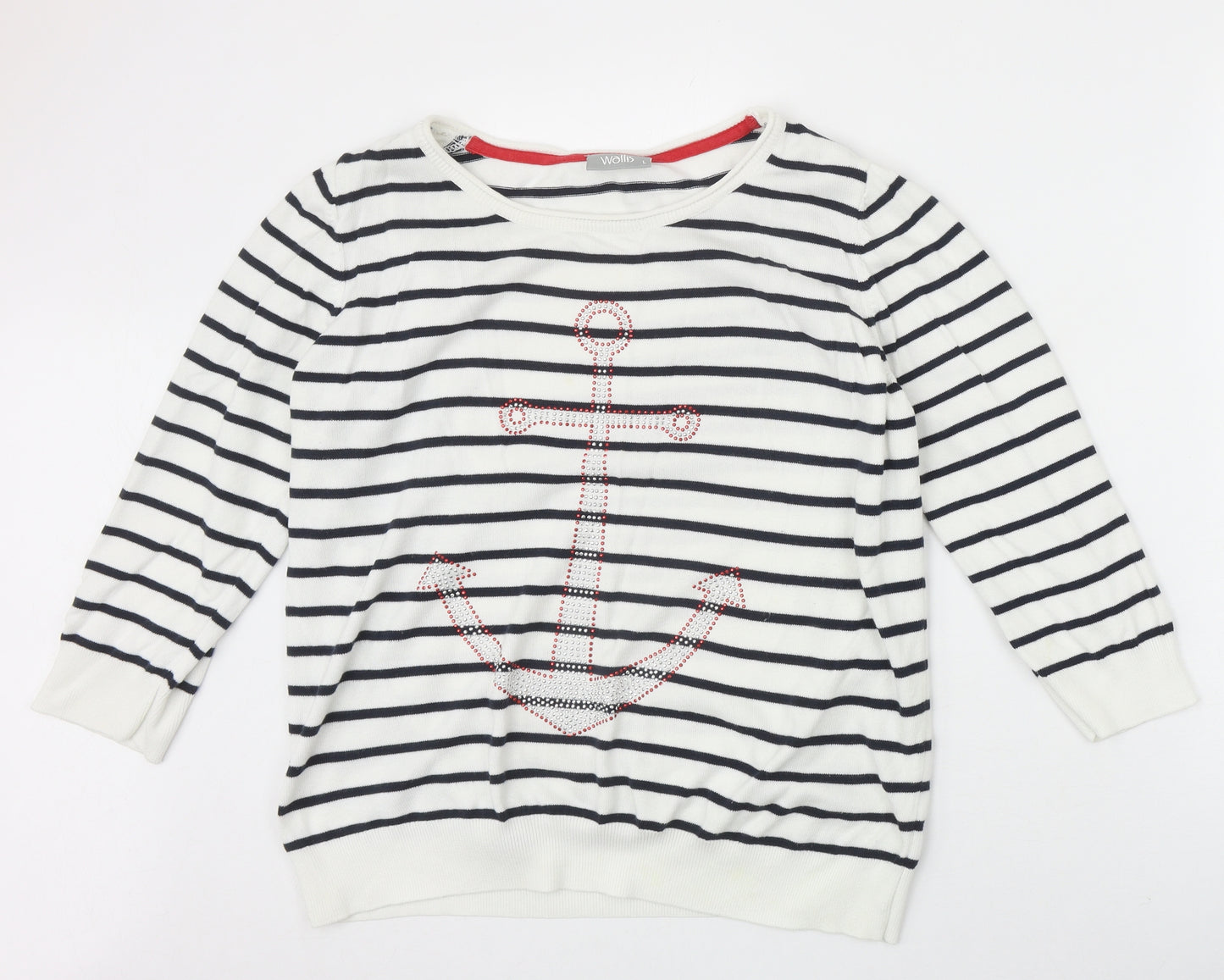 Wallis Womens Ivory Boat Neck Striped 100% Cotton Pullover Jumper Size L - Anchor