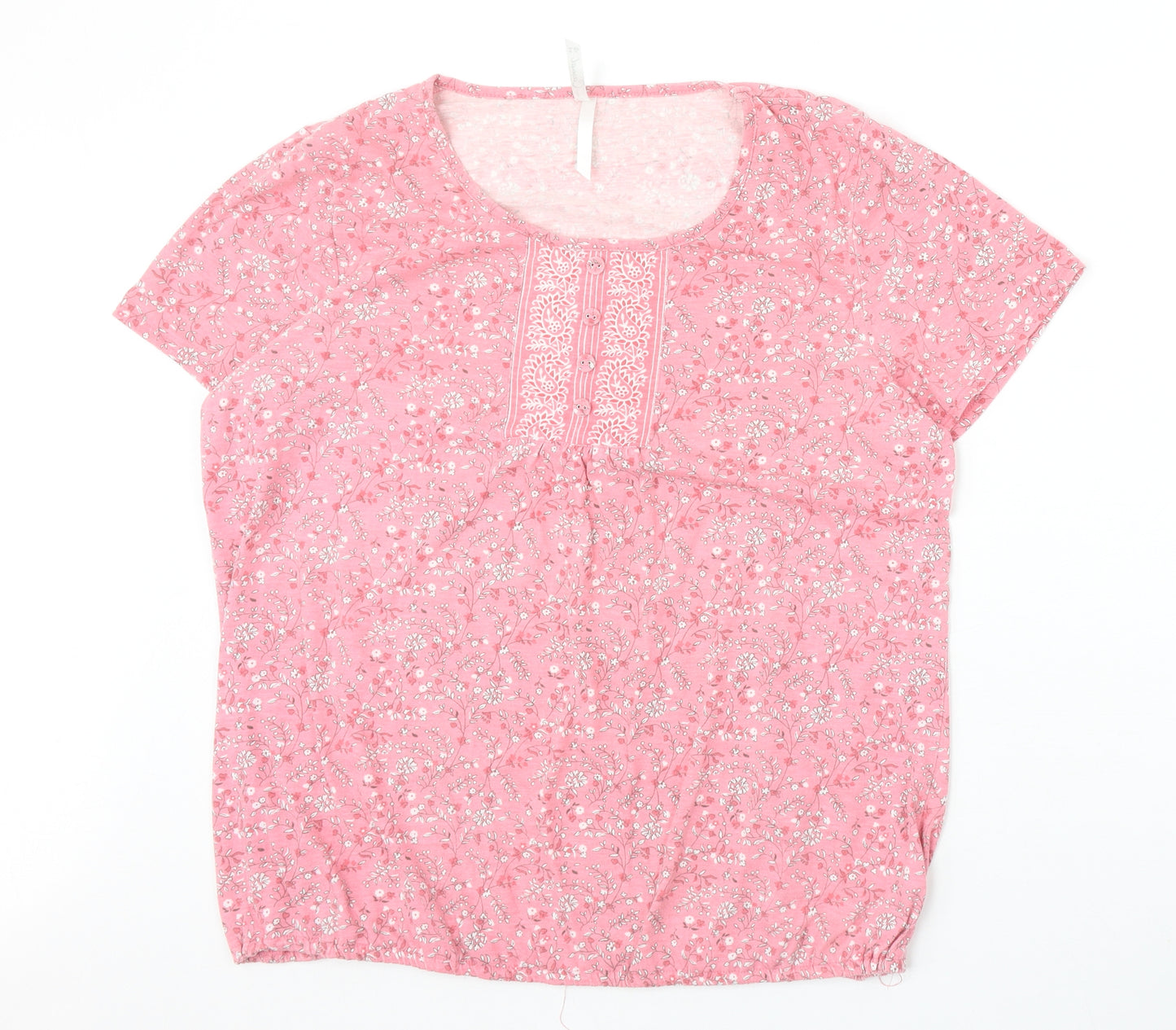 BM Casual Womens Pink Floral Polyester Basic T-Shirt Size 16 Round Neck