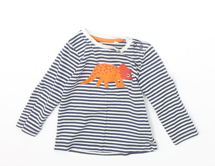 Blue Zoo Boys Blue Striped 100% Cotton Basic T-Shirt Size 9-12 Months Round Neck Snap - Dinosaur