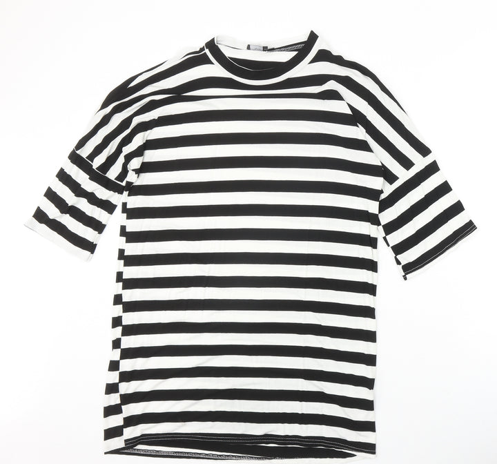 PRETTYLITTLETHING Womens Black Striped Viscose Basic Blouse Size 10 Round Neck
