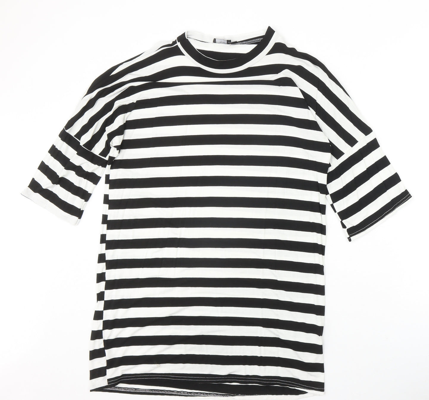 PRETTYLITTLETHING Womens Black Striped Viscose Basic Blouse Size 10 Round Neck