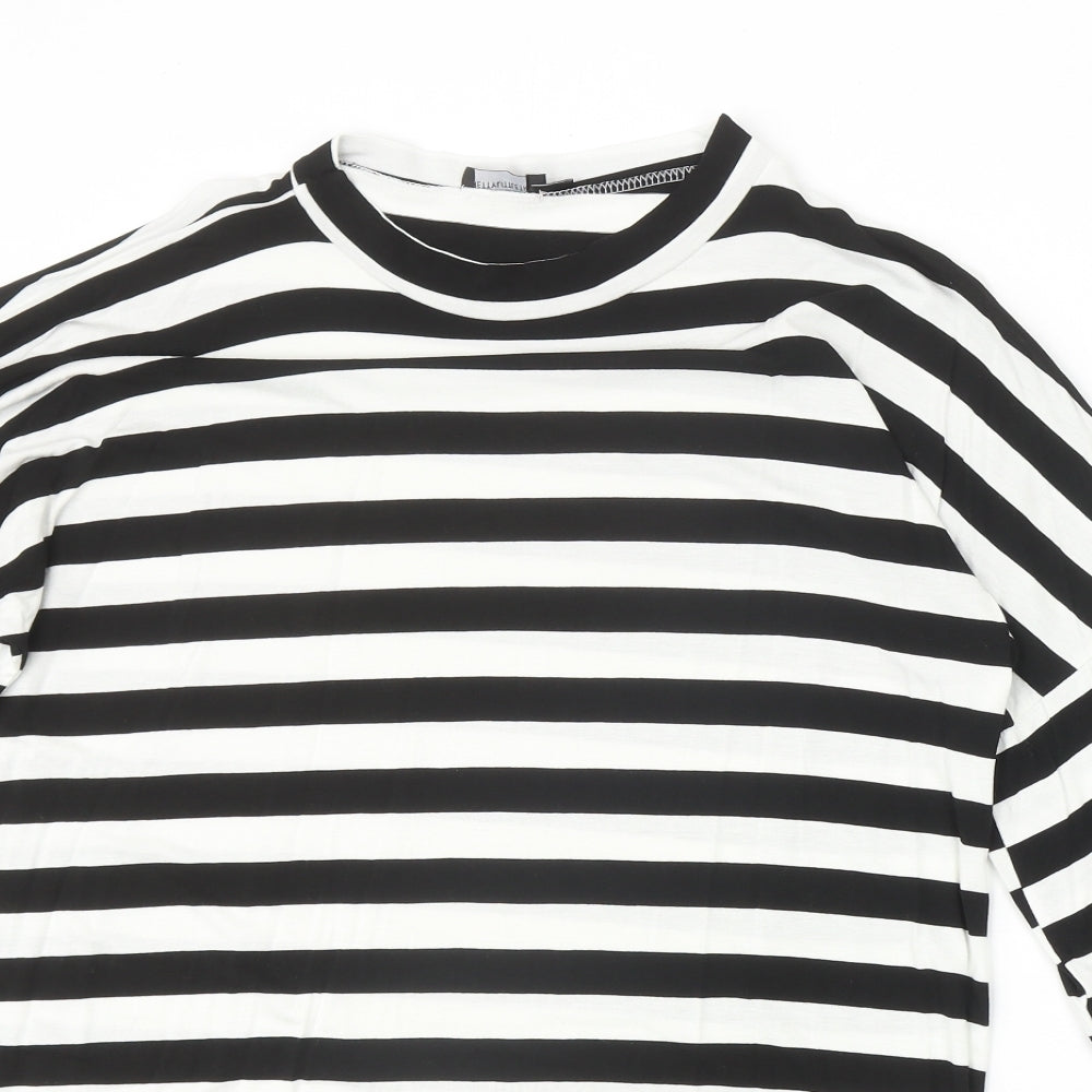 PRETTYLITTLETHING Womens Black Striped Viscose Basic Blouse Size 10 Round Neck