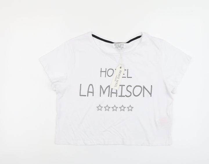 Brave Soul Womens White Cotton Basic T-Shirt Size L Round Neck - Hotel La Maison