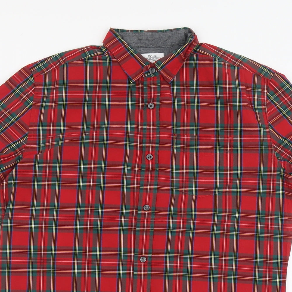 NEXT Mens Red Plaid Cotton Button-Up Size M Collared Button