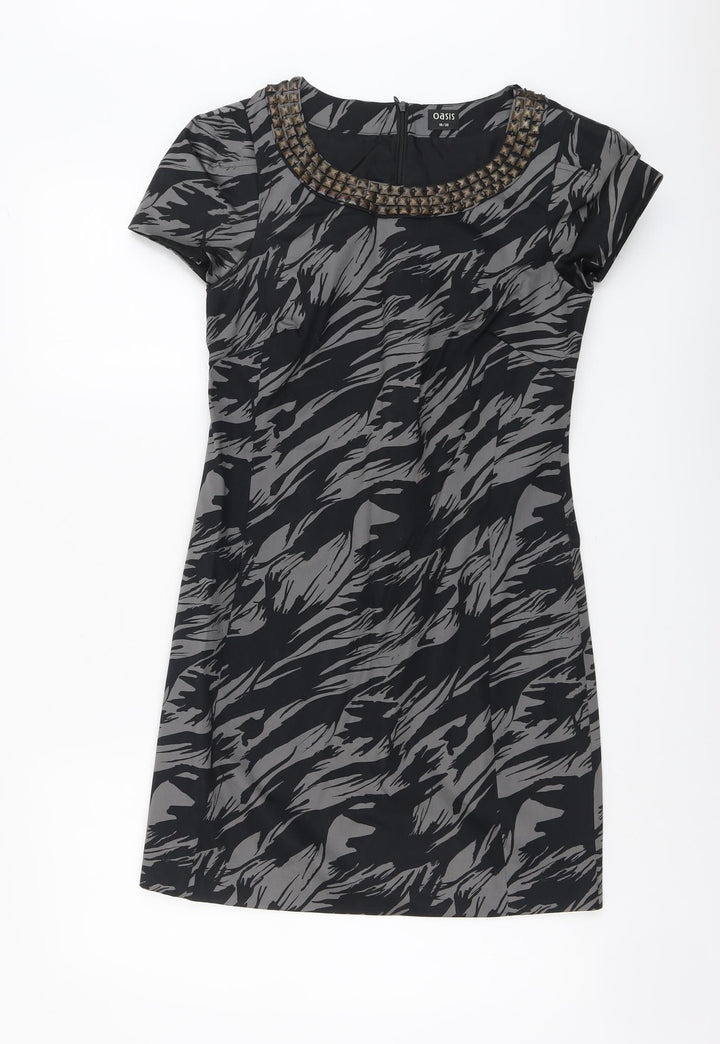 Oasis Womens Grey Geometric Cotton A-Line Size 10 Round Neck Zip