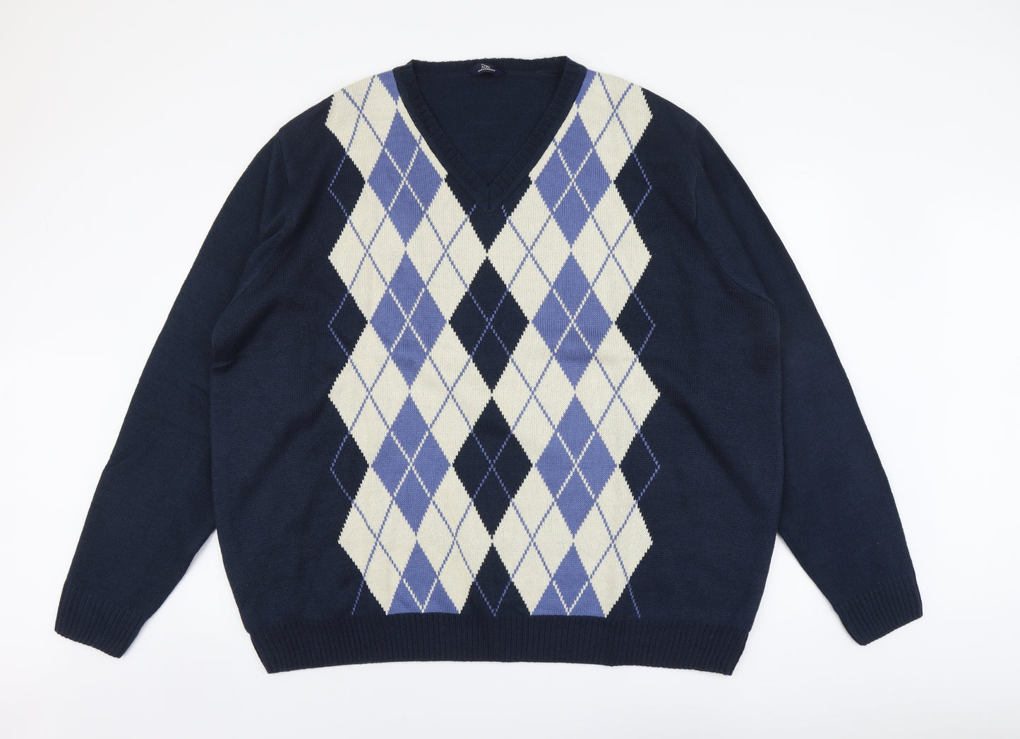 Premier Man Mens Blue V-Neck Argyle/Diamond Acrylic Pullover Jumper Size 3XL Long Sleeve