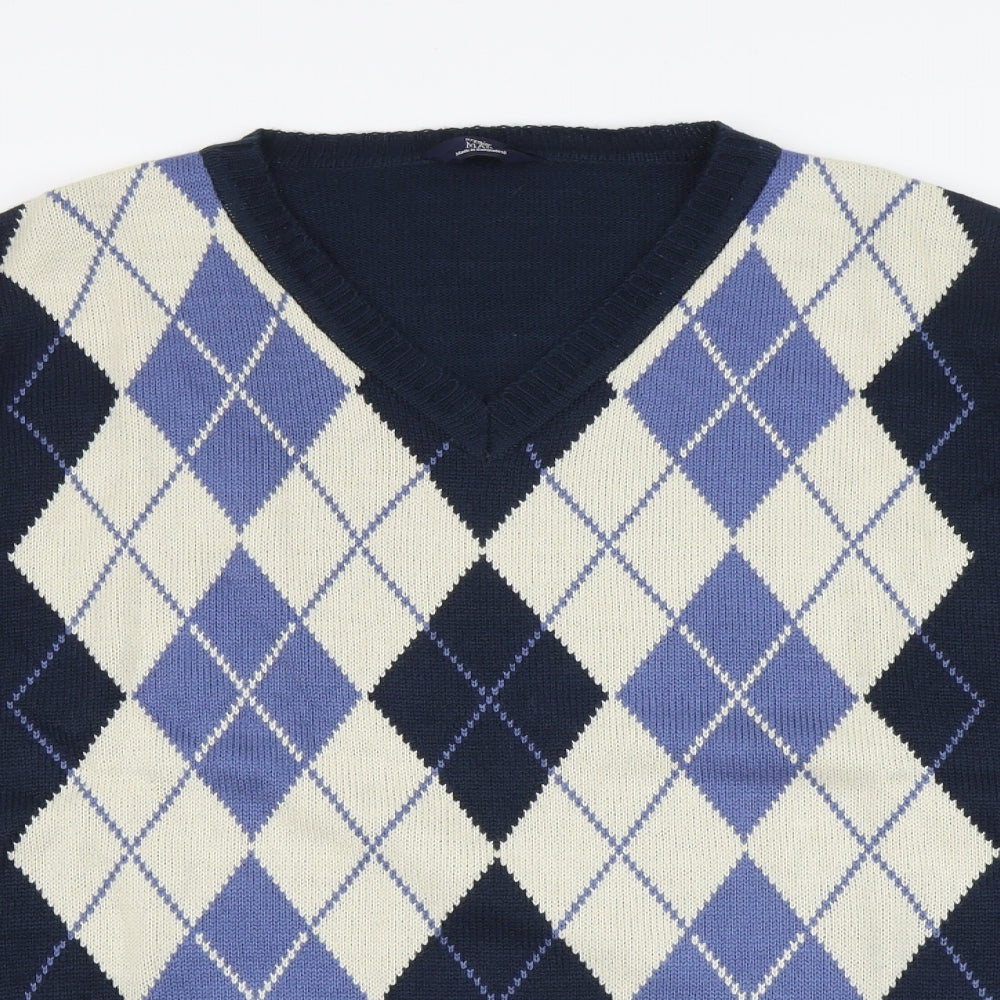 Premier Man Mens Blue V-Neck Argyle/Diamond Acrylic Pullover Jumper Size 3XL Long Sleeve