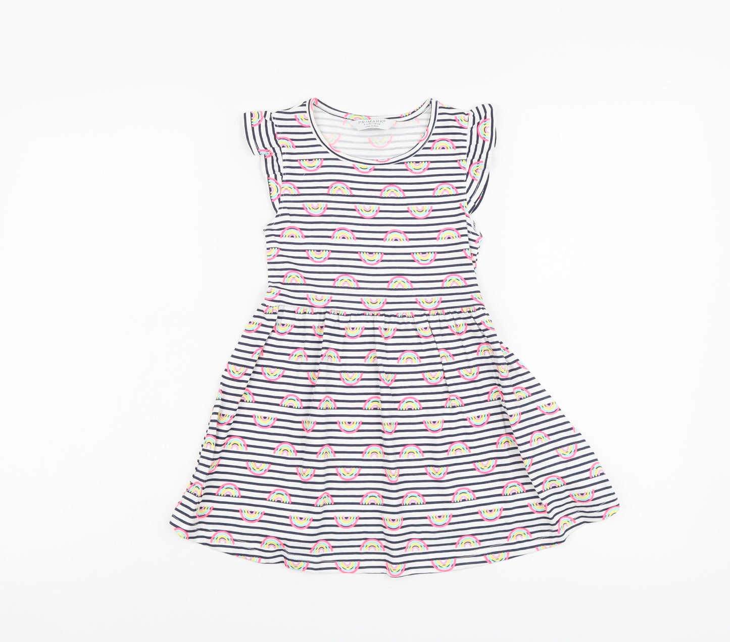 Primark Girls Multicoloured Striped Cotton Fit & Flare Size 4-5 Years Boat Neck Pullover